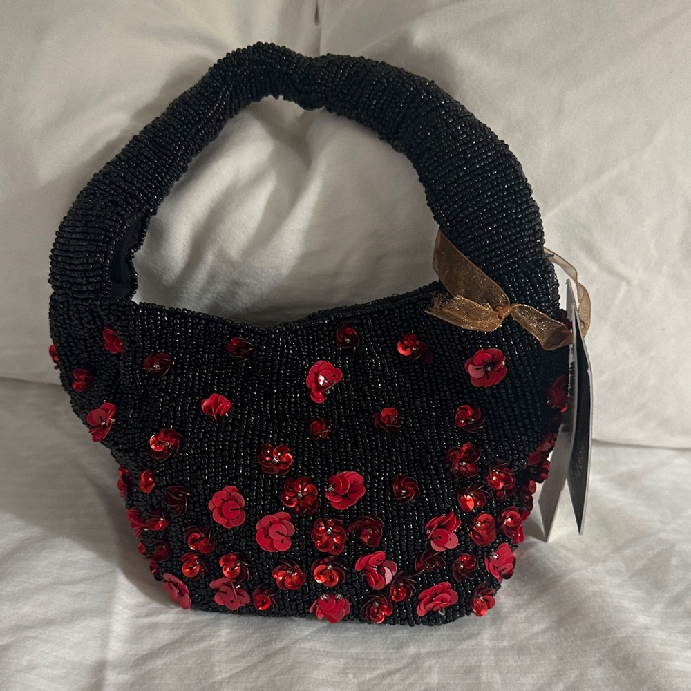 From India to you black beaded with red sequins floral hand bag
